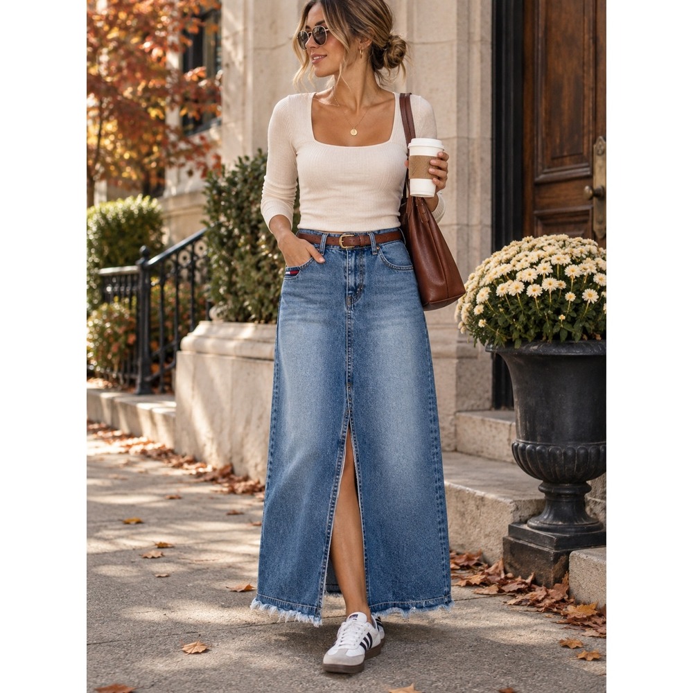 Tommy Jeans Denim Maxi Skirt Juniors Size 9 Vintage Y2K Fall Frayed Hem
